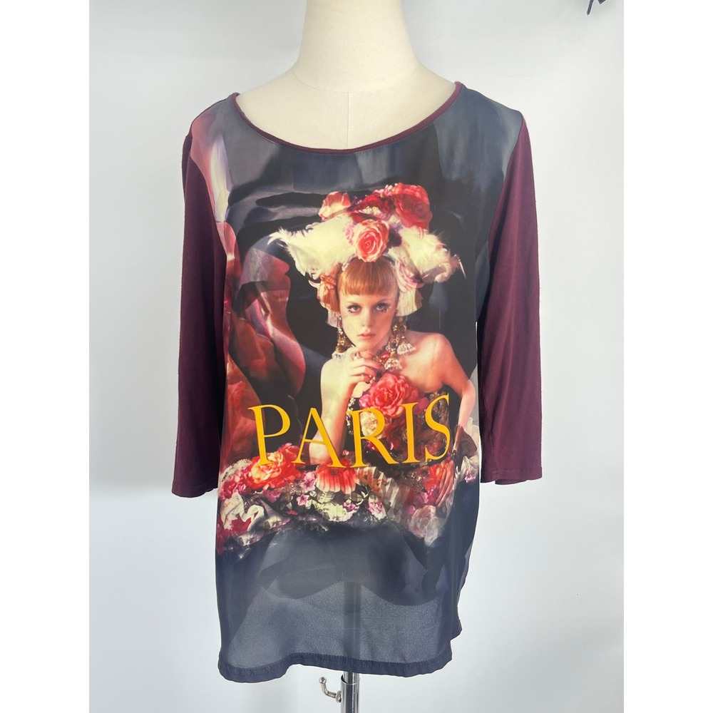 Jeans by Buffalo Womens Paris Graphic Print Top Burgundy Long Sleeve Size Large